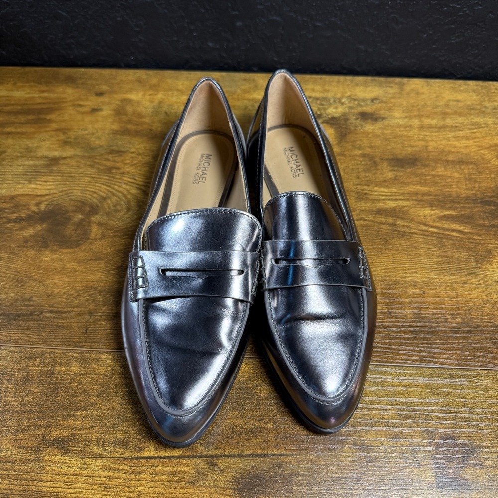 Michael Kors Connors PW17F Metallic Pewter Leather Penny Loafers Womens 7M